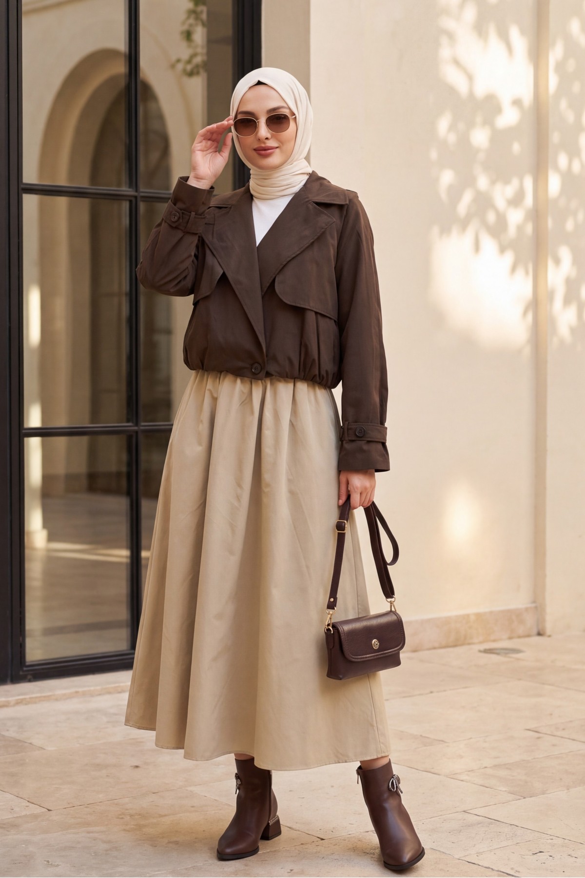 Crop Jacket with Bolero Detail and Elastic Waist -Dark Coffee