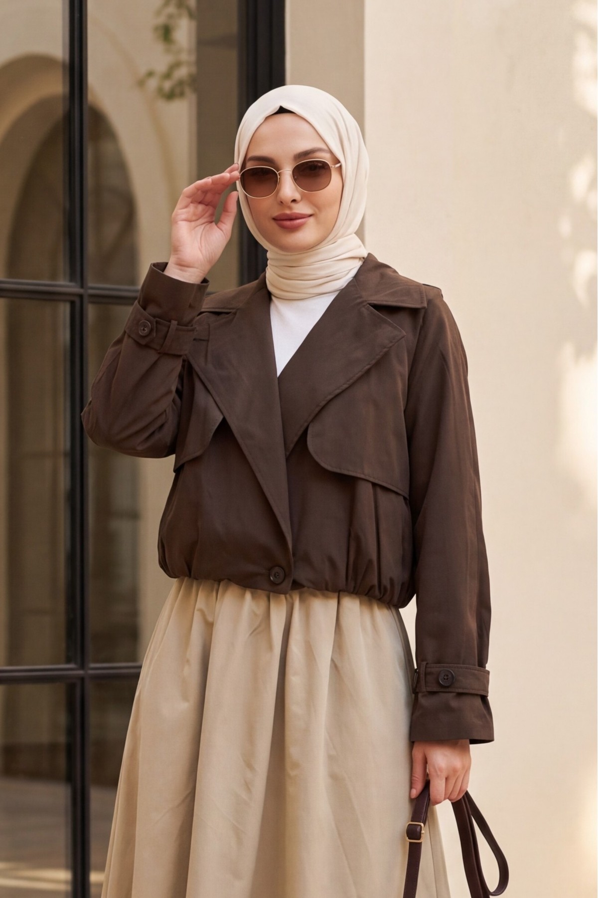 Crop Jacket with Bolero Detail and Elastic Waist -Dark Coffee