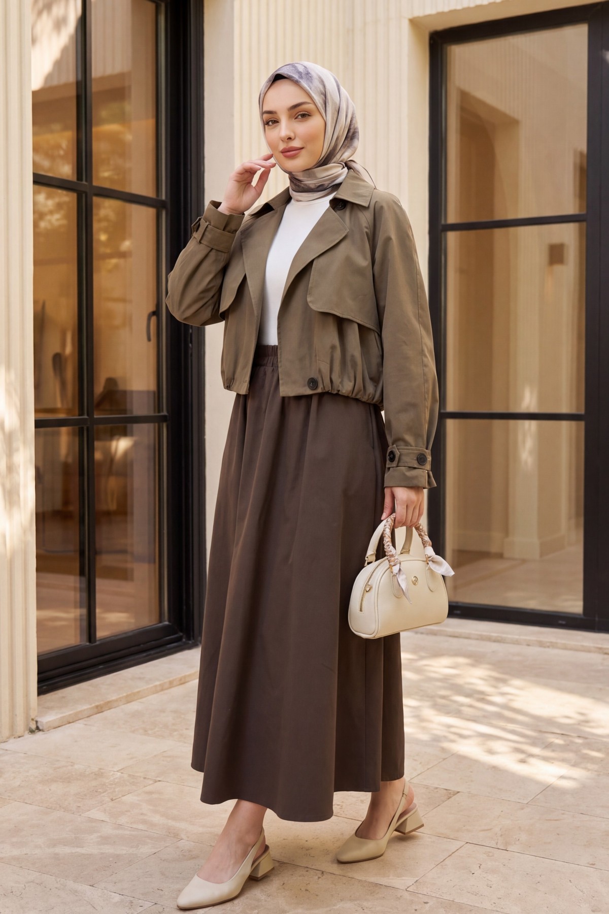 Bolero Detaylı Beli Lastikli Crop Ceket -Açık Kahverengi