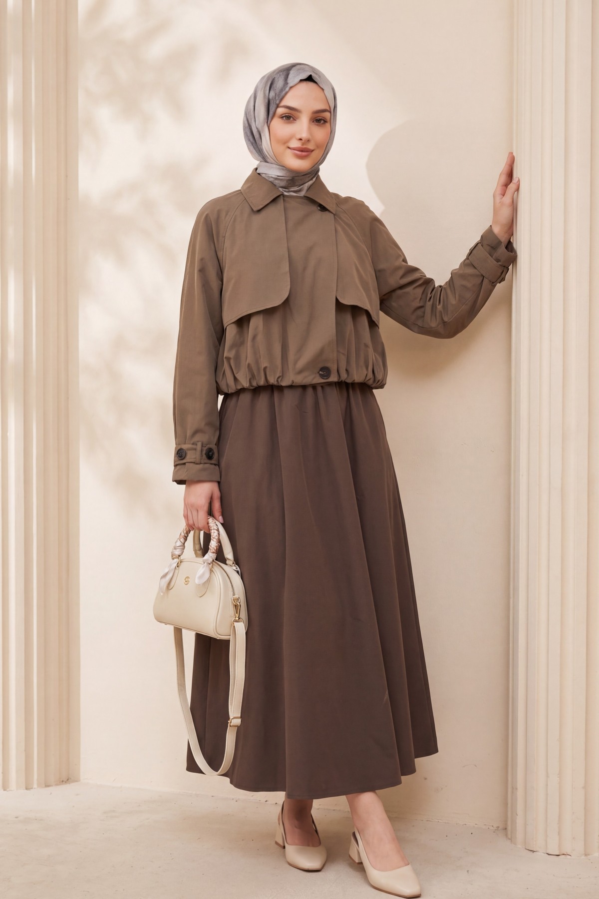 Bolero Detaylı Beli Lastikli Crop Ceket -Açık Kahverengi