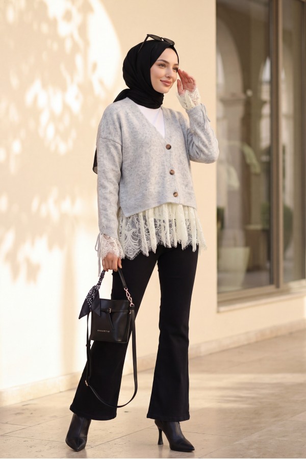 Soft Cardigan with Gathered Sleeves, Lace-Up Skirt and Sleeves, and Button Closure - Light grey