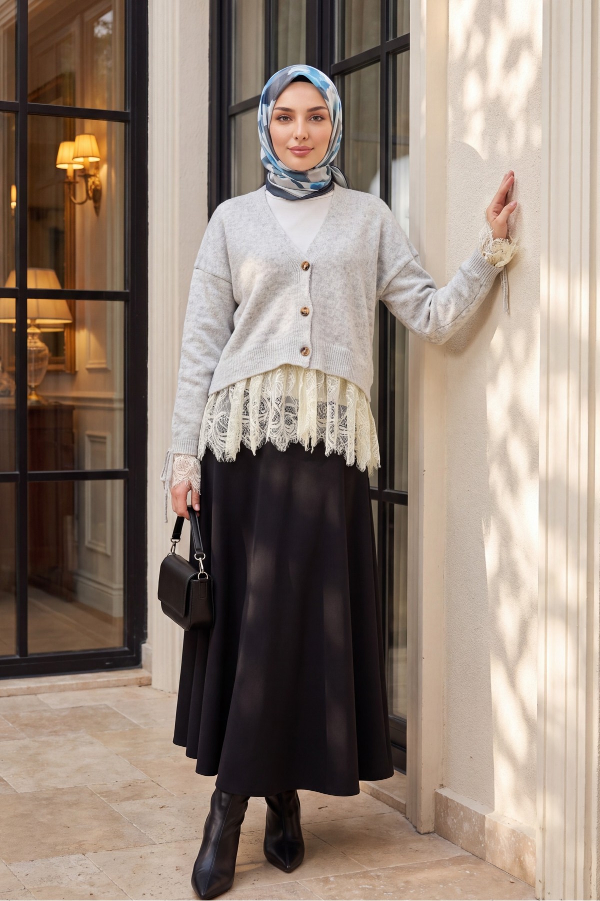 Soft Cardigan with Gathered Sleeves, Lace-Up Skirt and Sleeves, and Button Closure - Light grey