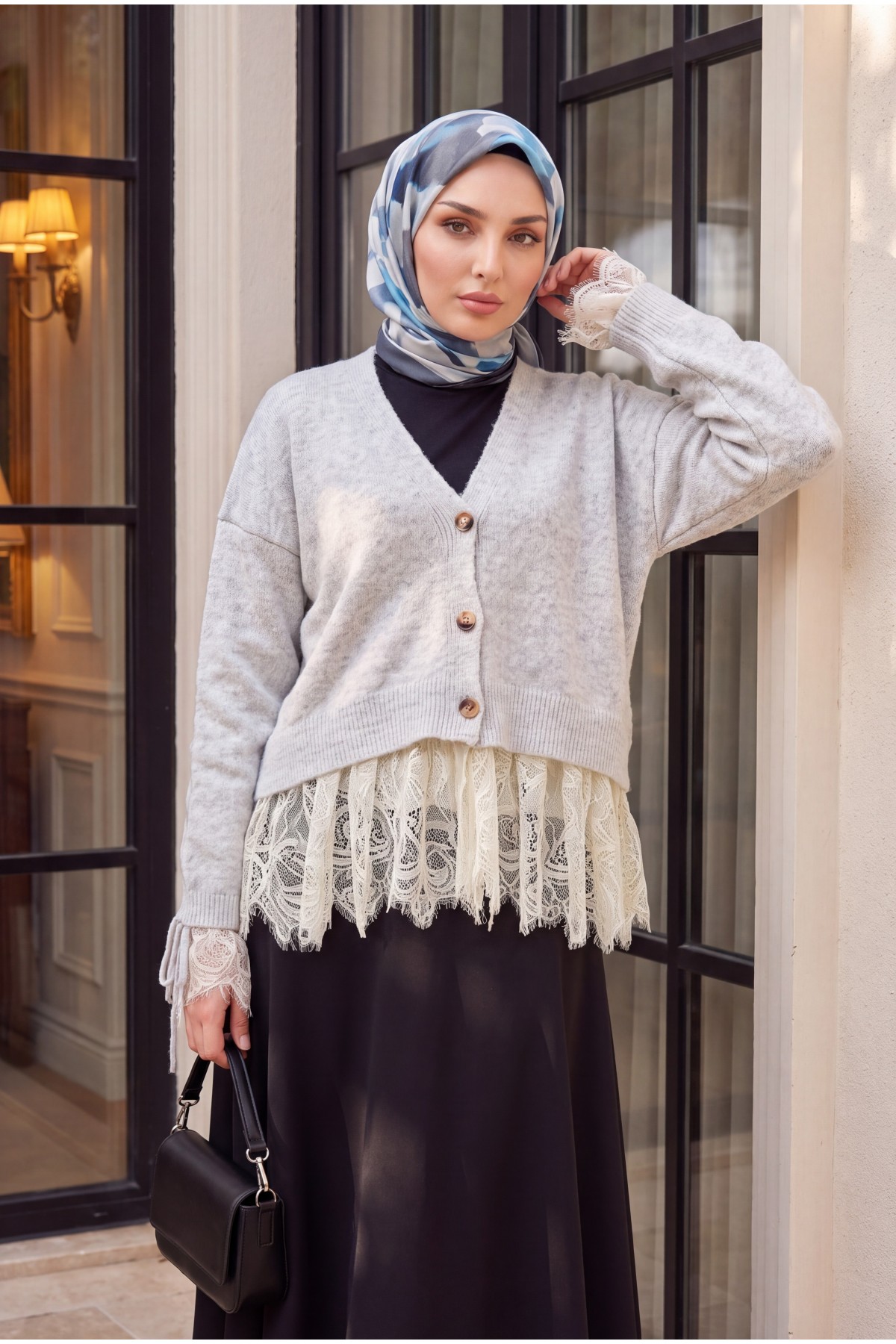 Soft Cardigan with Gathered Sleeves, Lace-Up Skirt and Sleeves, and Button Closure - Light grey