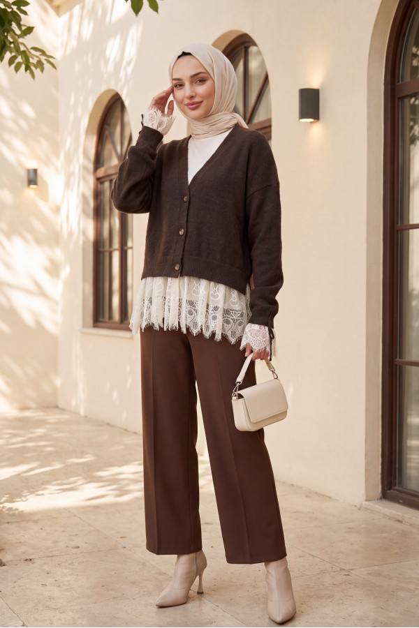 Soft Cardigan with Gathered Sleeves, Lace-Up Skirt and Sleeves, and Button Closure -Dark Coffee