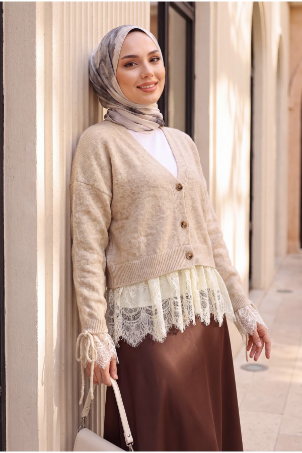 Soft Cardigan with Gathered Sleeves, Lace-Up Skirt and Sleeves, and Button Closure - Beige