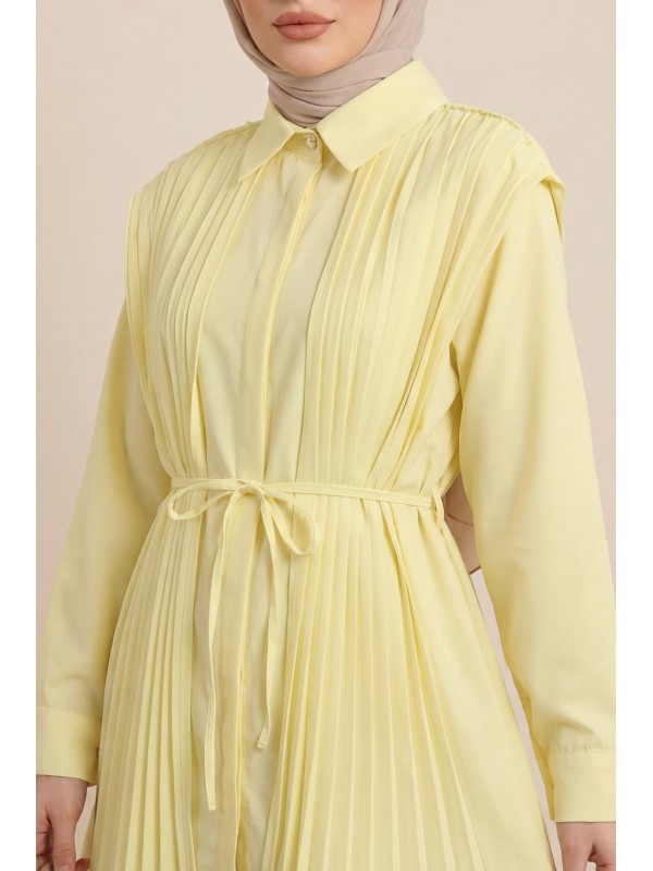 Poplin Shirt with Pleated Detail on Front and Back and Hidden Buttons  -Yellow