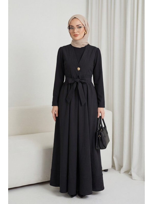 Beli Bağlamalı Lastikli Yelek Detaylı Cupra Elbise -Siyah
