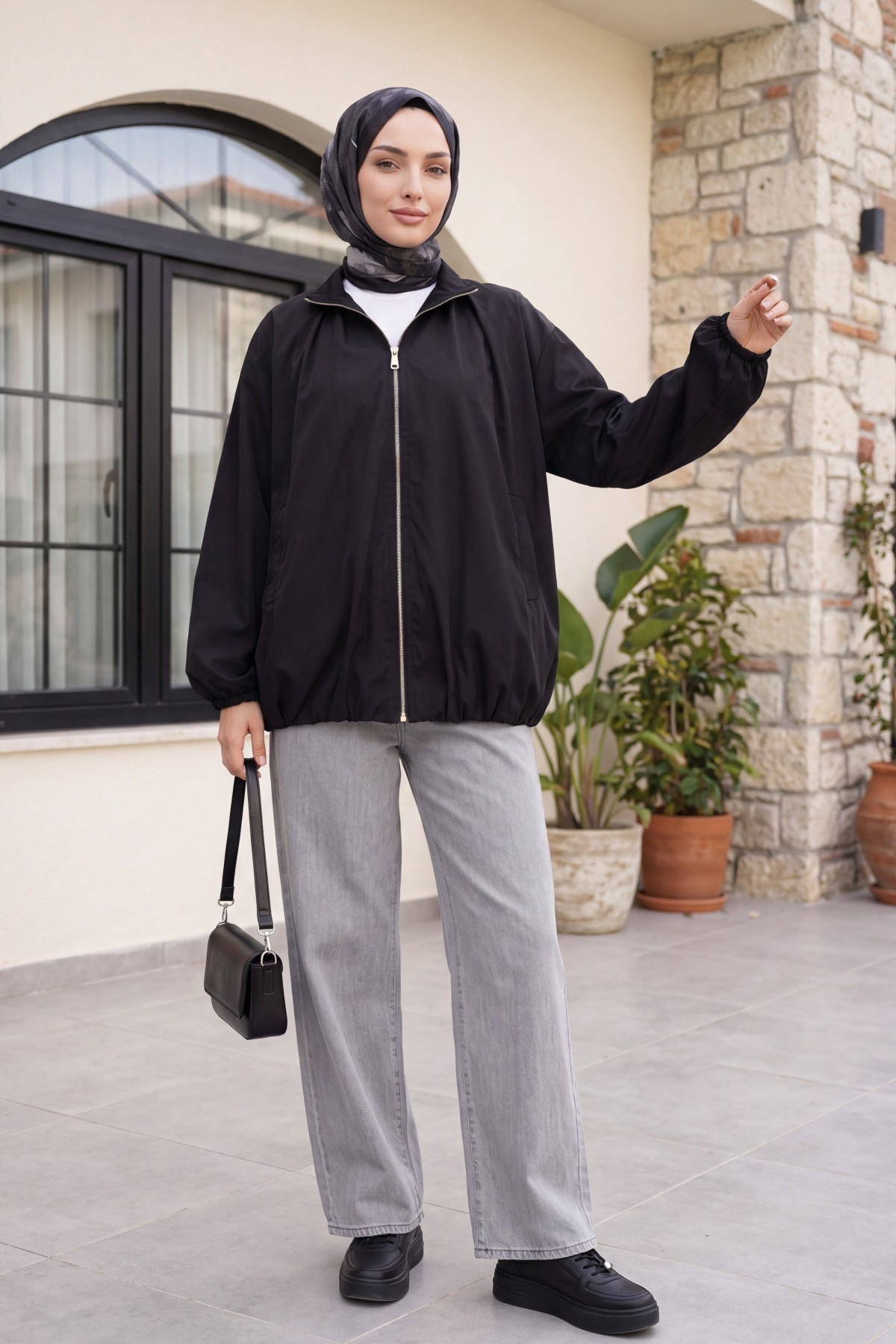 Lined Parachute Jacket with Stand-Up Collar, Zipper, Dual Pockets, and Elasticated Hem and Cuffs -Black