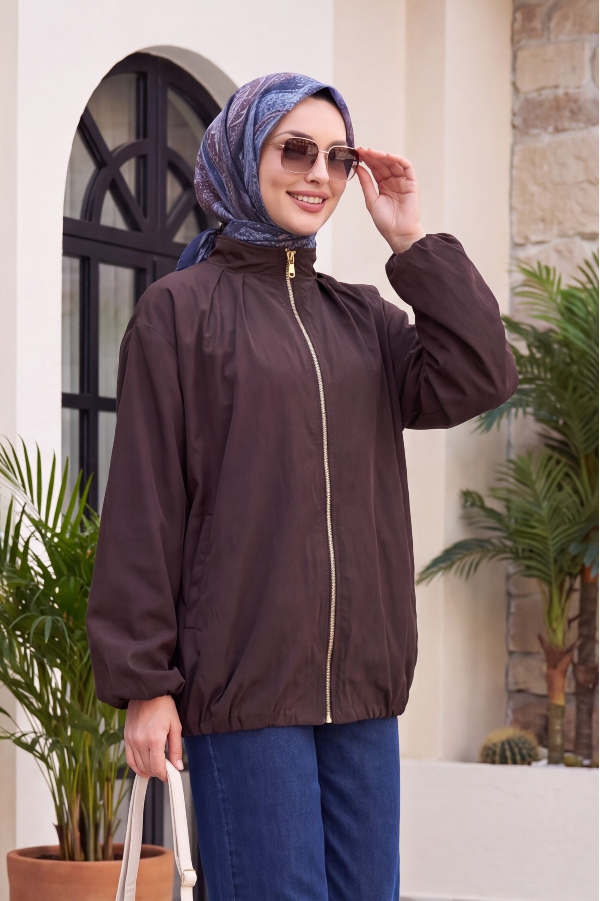 Lined Parachute Jacket with Stand-Up Collar, Zipper, Dual Pockets, and Elasticated Hem and Cuffs -Brown