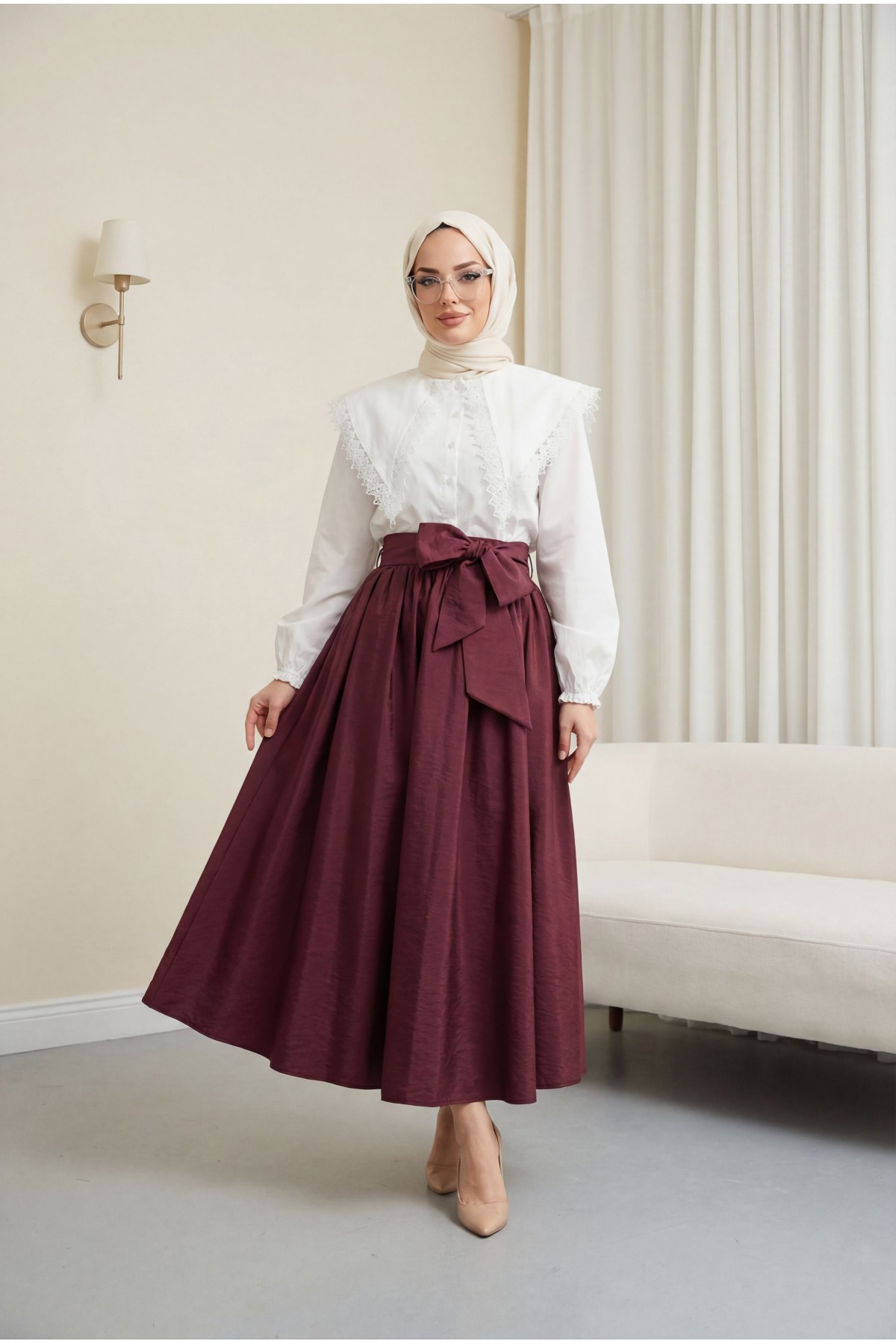 Lace-trimmed Wide-Neck Poplin Shirt with Drawstring and Elasticated Cuffs -White