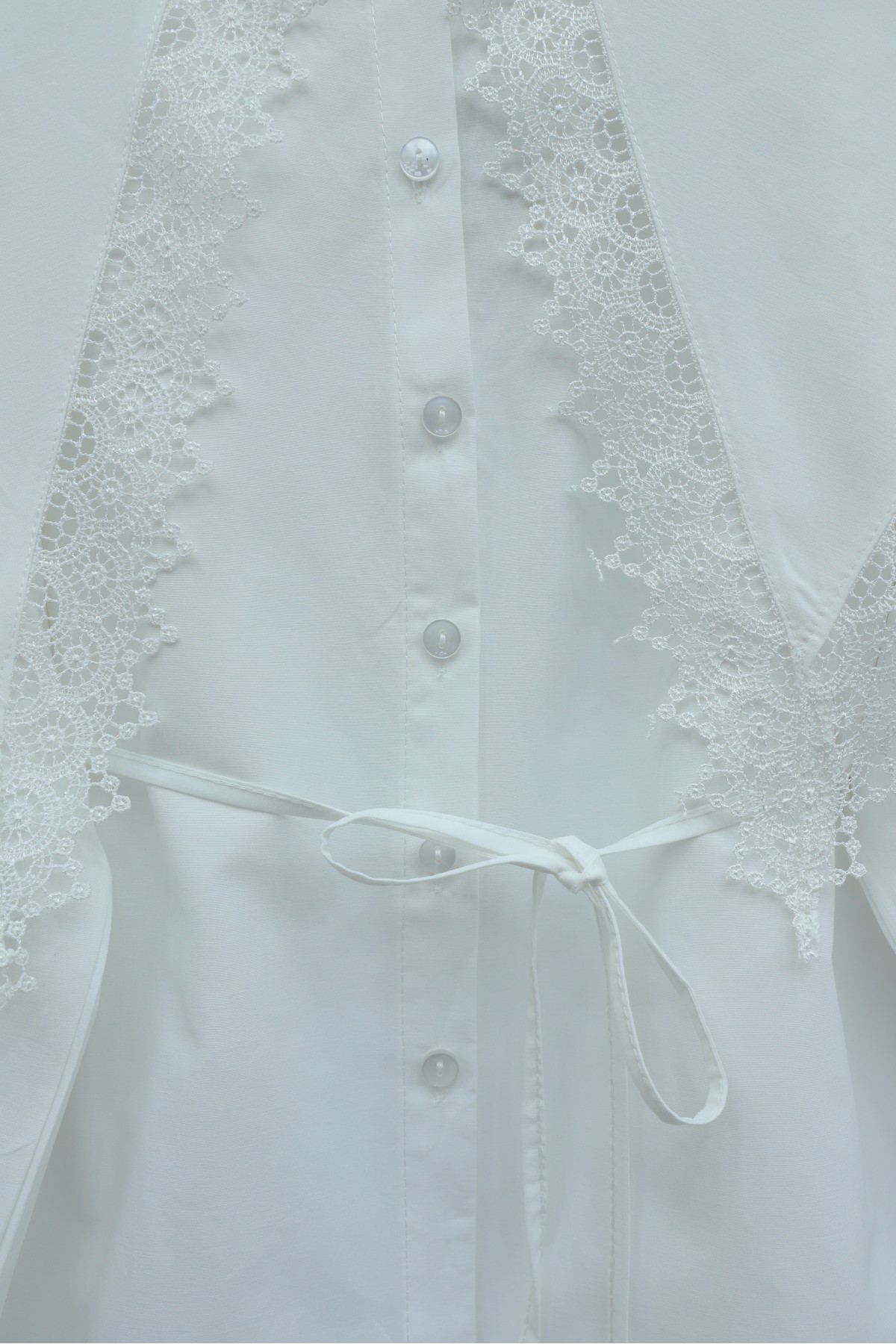 Lace-trimmed Wide-Neck Poplin Shirt with Drawstring and Elasticated Cuffs -White