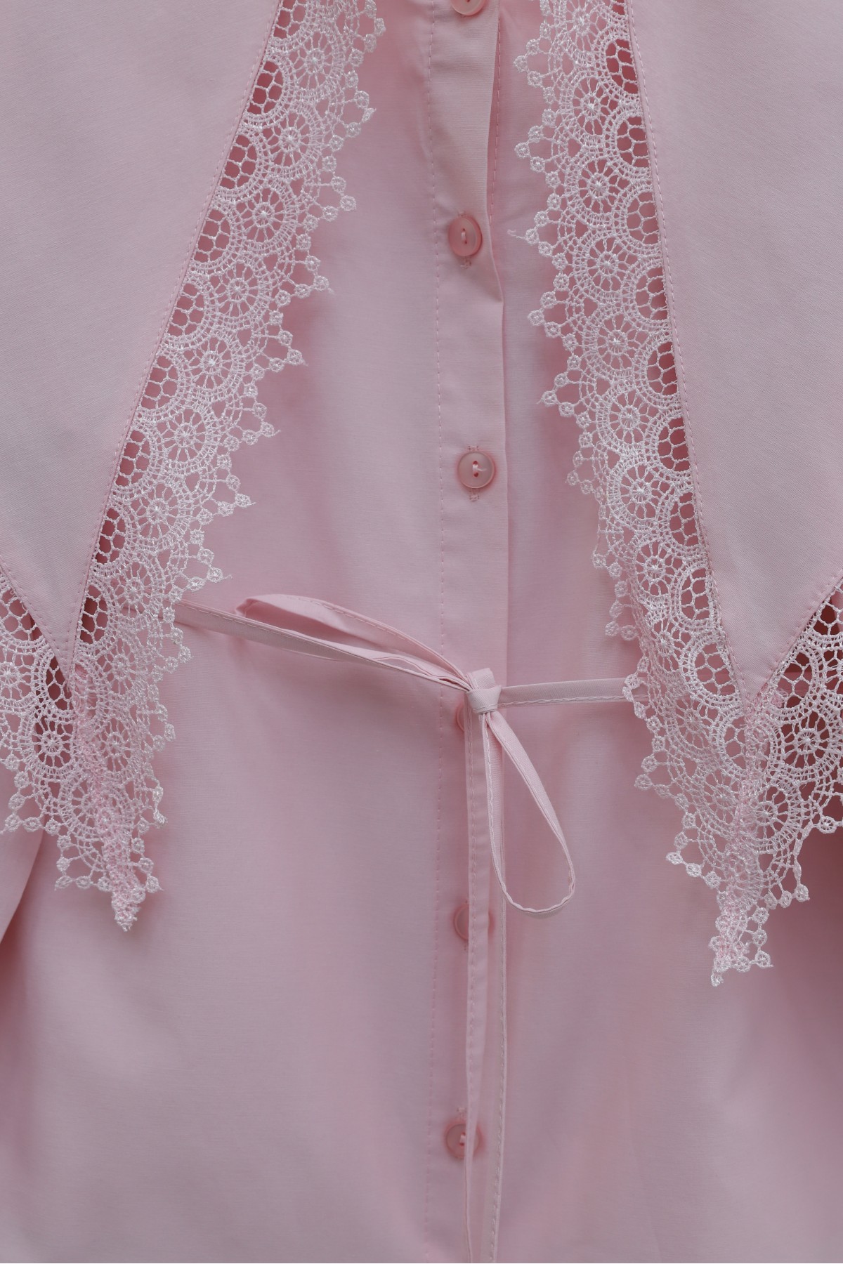 Lace-trimmed Wide-Neck Poplin Shirt with Drawstring and Elasticated Cuffs -Pink