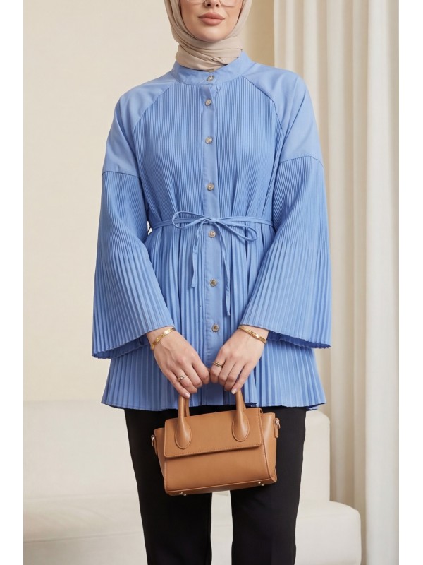 Gold Buttoned Shirt with Pleated Front and Sleeves and Lace -Blue