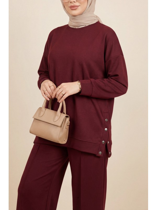 Yanları Çıtçıtlı Çimalı Pantolonlu Oyşo Takım  -Bordo