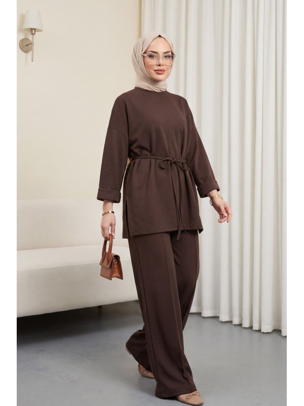 Oysho Set with Slit, Drawstring Waist, and Foldable Sleeves -Dark Coffee