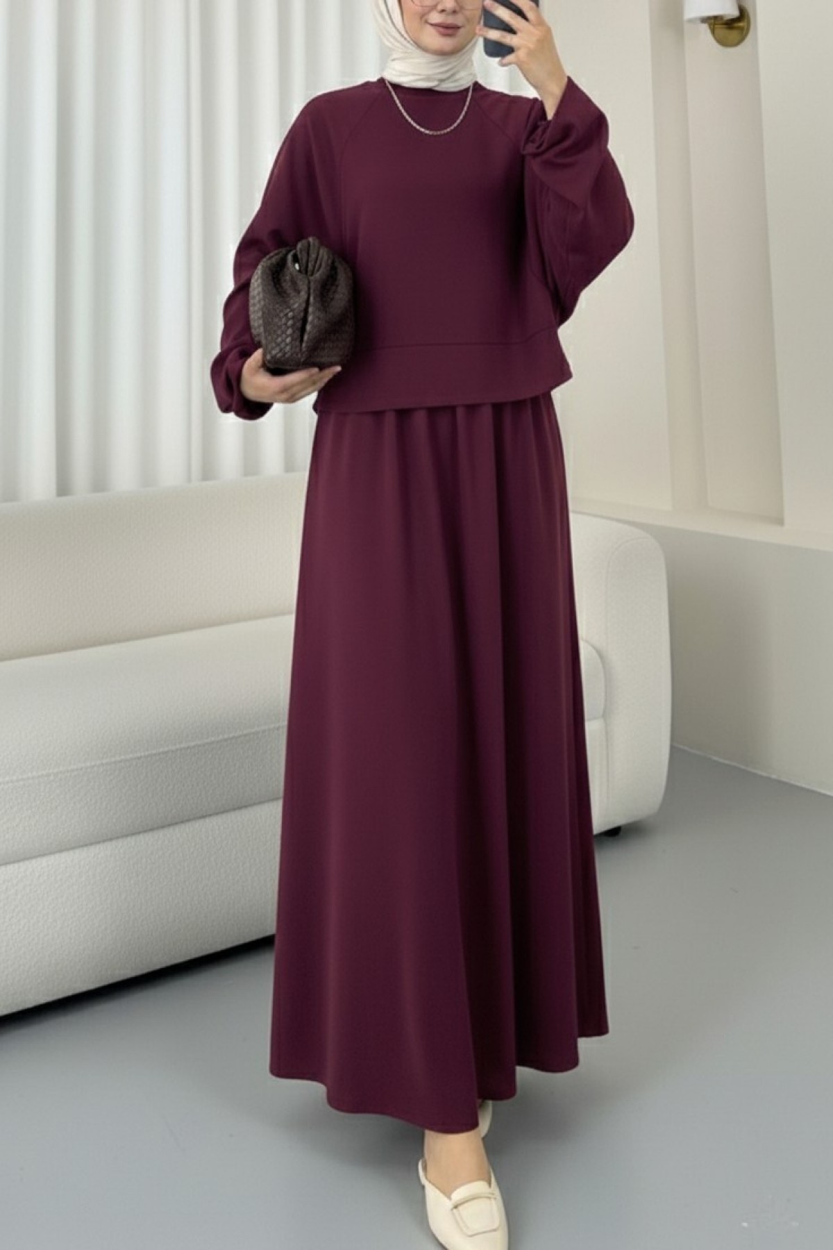 طقم تنورة بياقة دائرية وأكمام واسعة وخصر مطاطي -بوردو