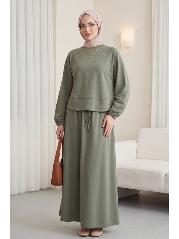 Yuvarlak Yaka Yarasa Kol Beli Lastikli Etekli Oyşo Takım  -Haki