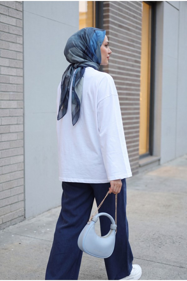 Bisiklet Yaka Uzun Kollu Oversize Penye Sweat -Beyaz