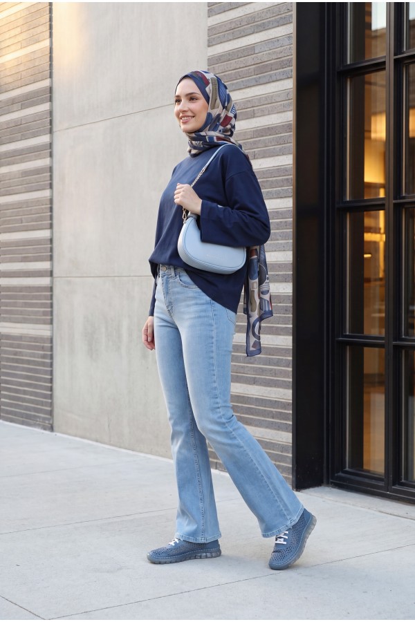 Bisiklet Yaka Uzun Kollu Oversize Penye Sweat -Lacivert