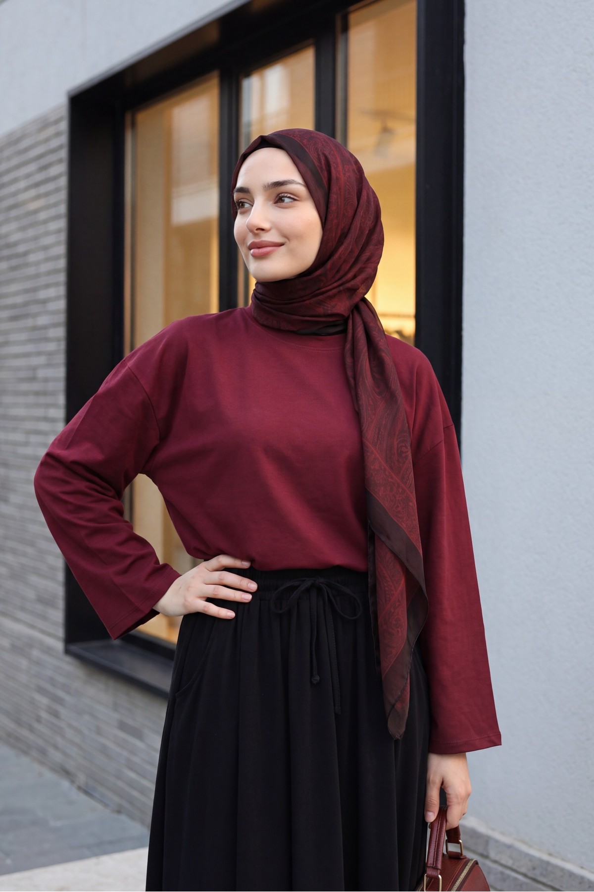 Crew Neck Long Sleeve Oversize Cotton Sweatshirt  -Maroon