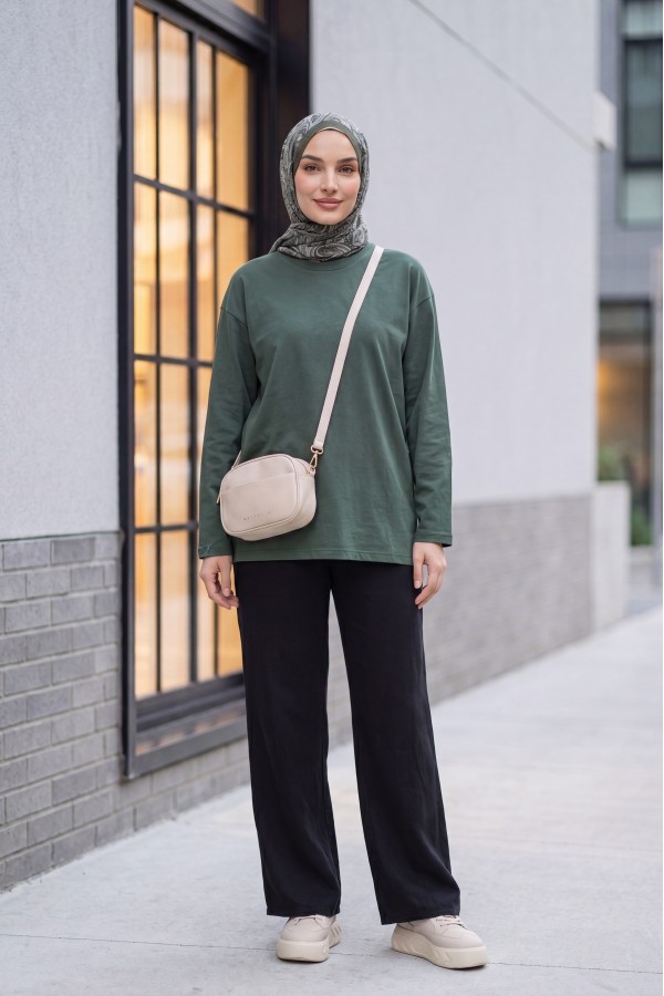 Crew Neck Long Sleeve Oversize Cotton Sweatshirt -Khaki