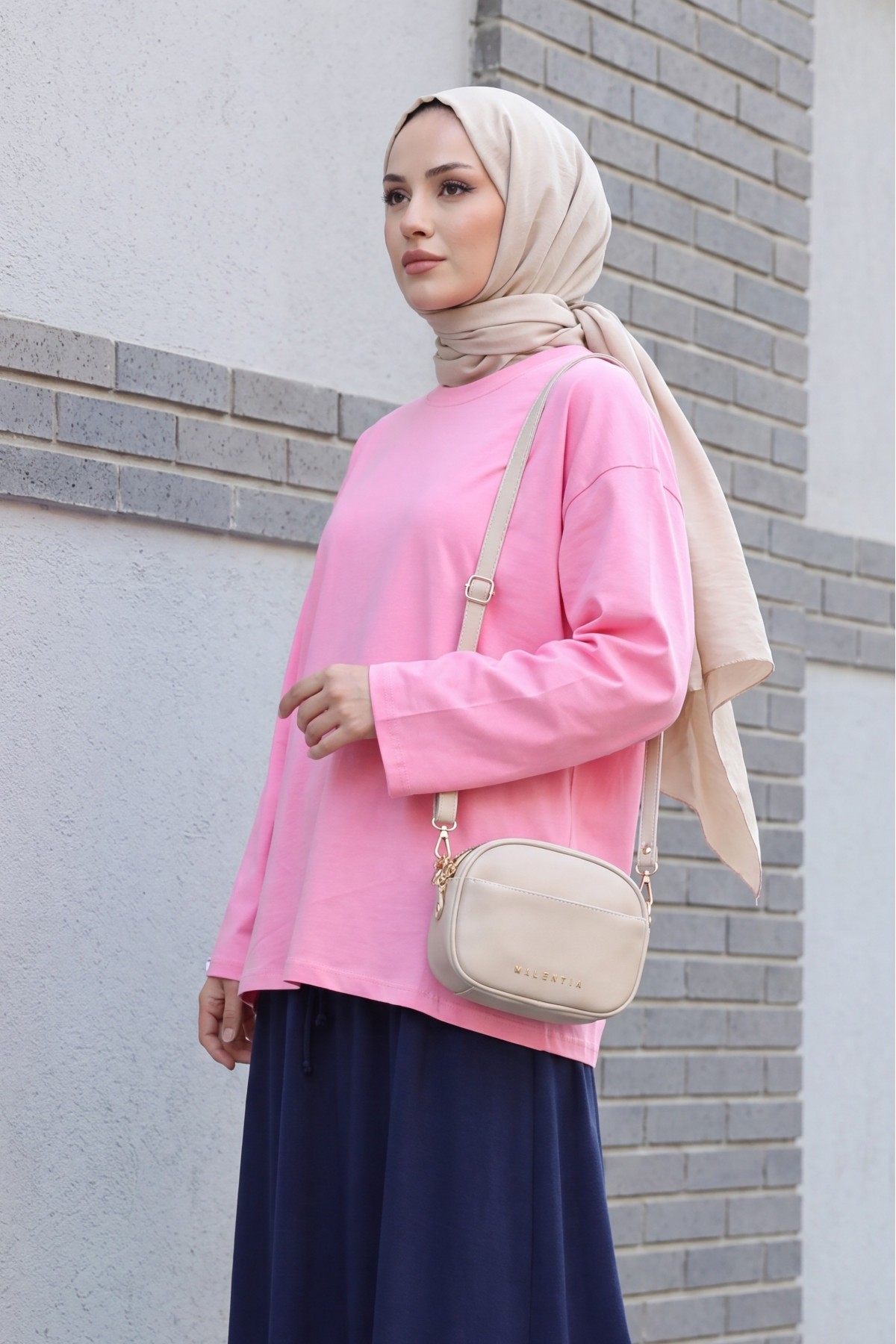 Crew Neck Long Sleeve Oversize Cotton Sweatshirt  -Pink