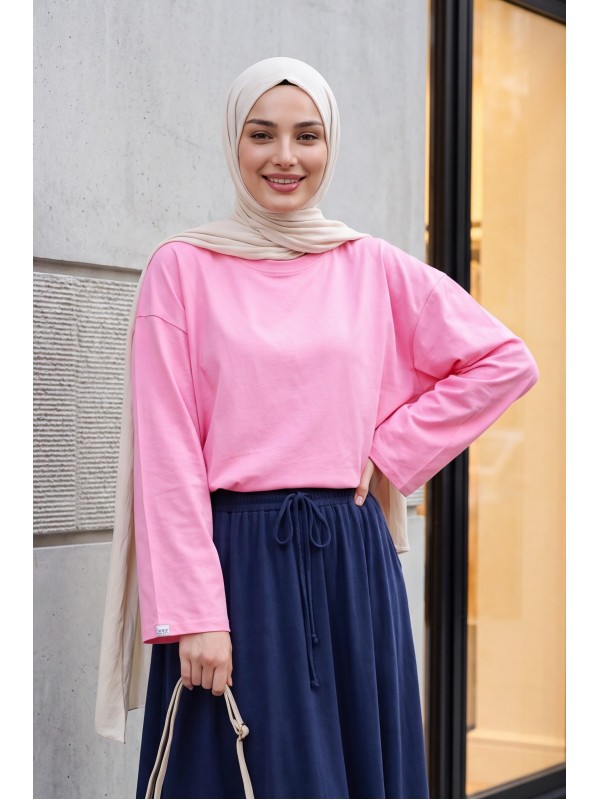 Bisiklet Yaka Uzun Kollu Oversize Penye Sweat  -Pembe