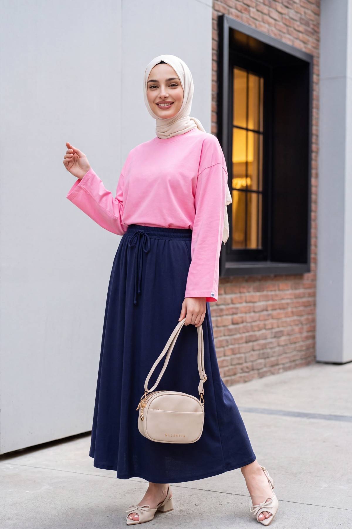 Crew Neck Long Sleeve Oversize Cotton Sweatshirt  -Pink