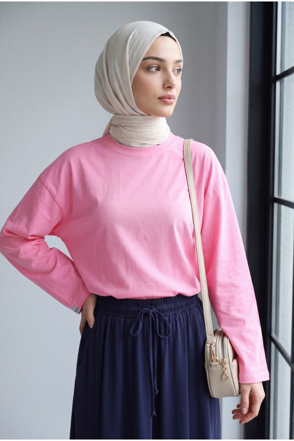 Bisiklet Yaka Uzun Kollu Oversize Penye Sweat  -Pembe