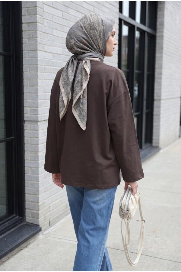Crew Neck Long Sleeve Oversize Cotton Sweatshirt -Dark Coffee