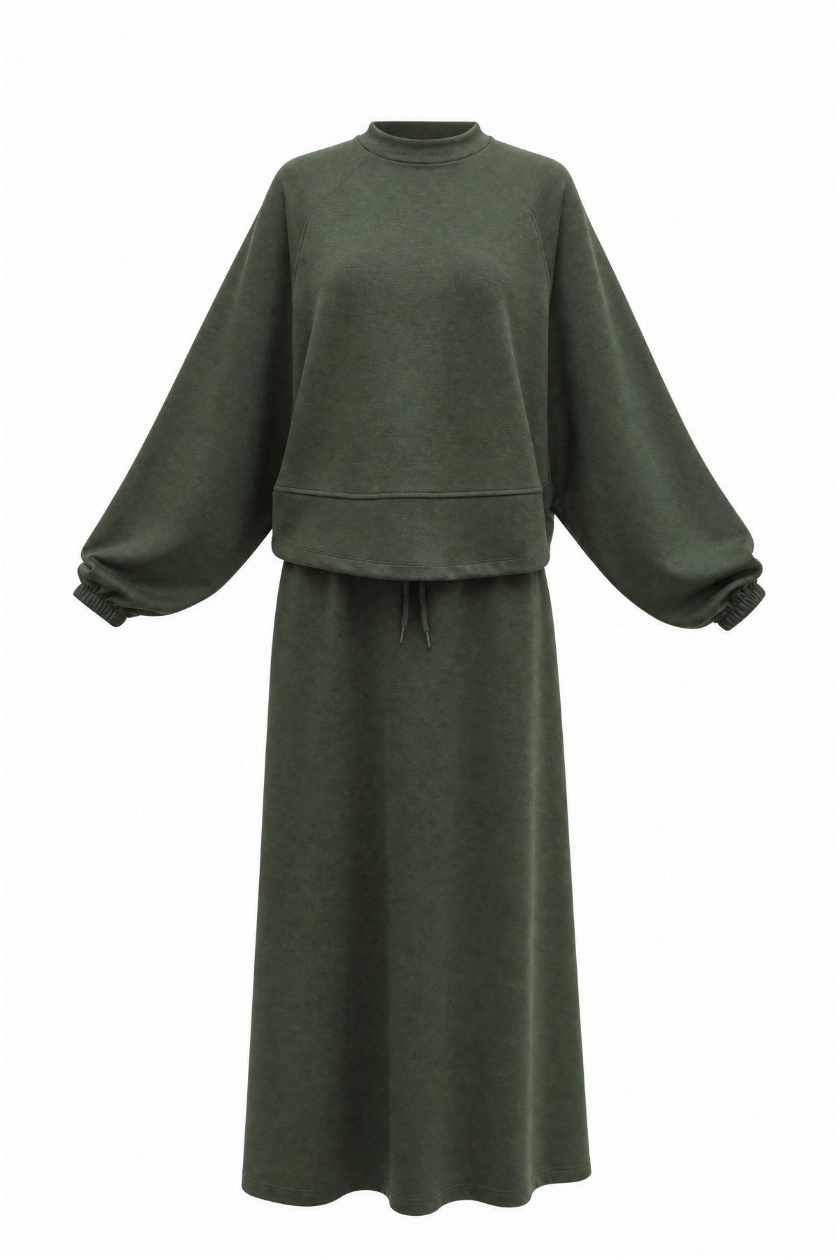 Oysho Set with Batwing Sleeves, Elastic Waist, Crew Neck, and Skirt -Cagla Green