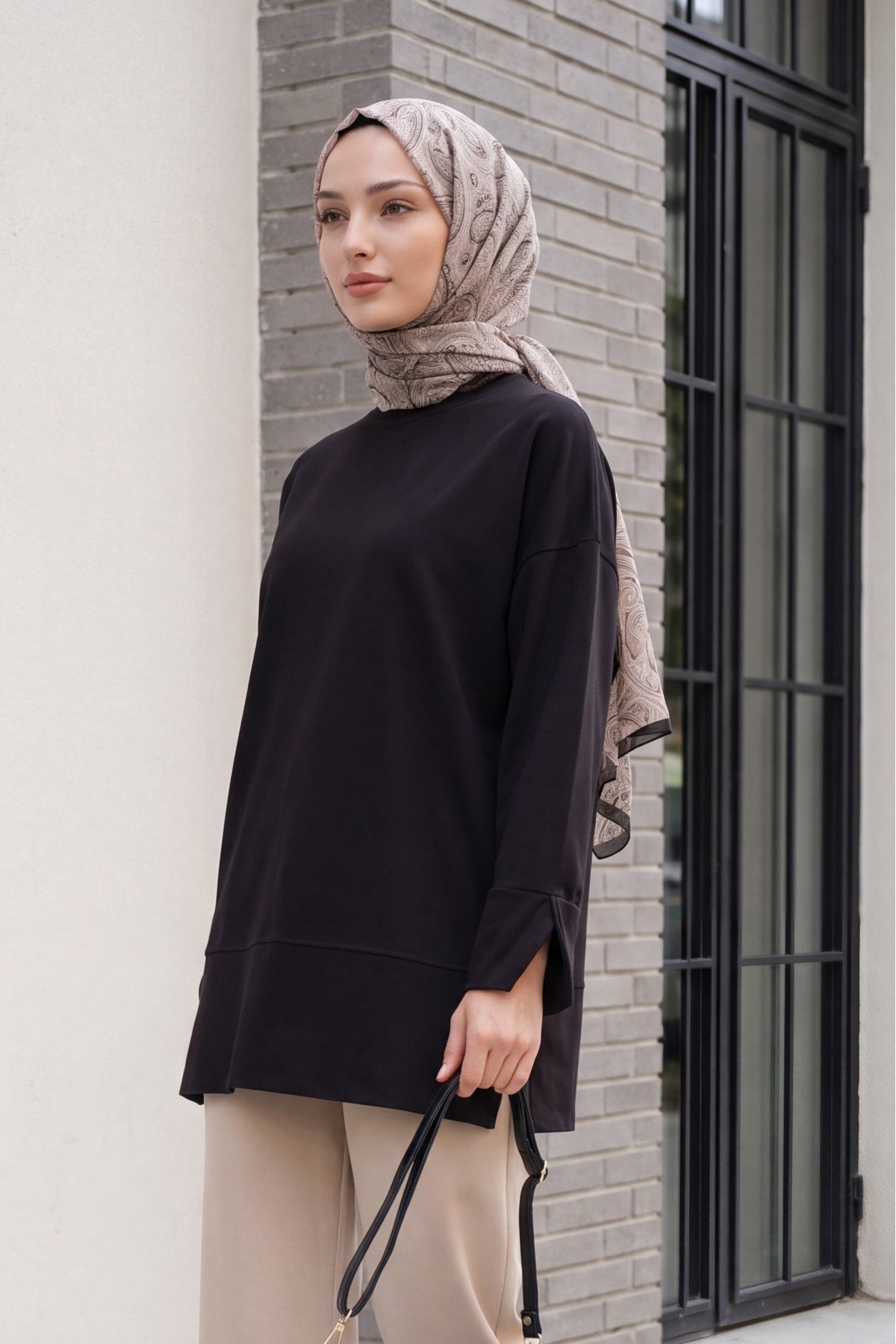 Crew Neck Slit Oversize Cotton Tunic -Black