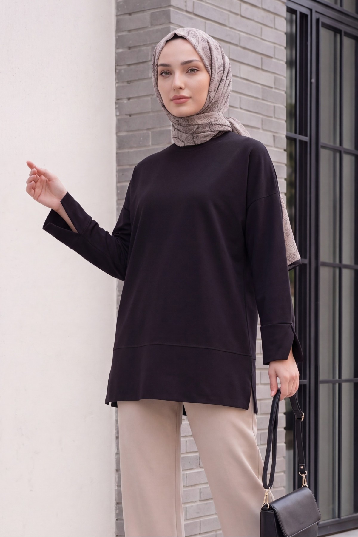 Crew Neck Slit Oversize Cotton Tunic -Black