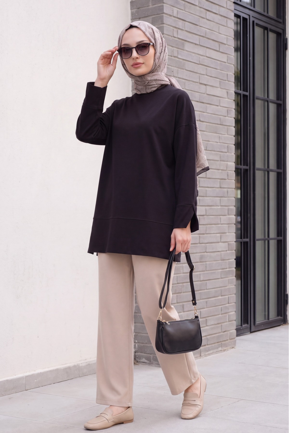Crew Neck Slit Oversize Cotton Tunic -Black