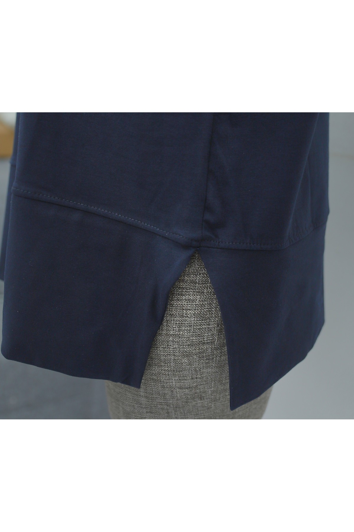 Bisiklet Yaka Yırtmaçlı Oversize Penye Tunik  -Lacivert