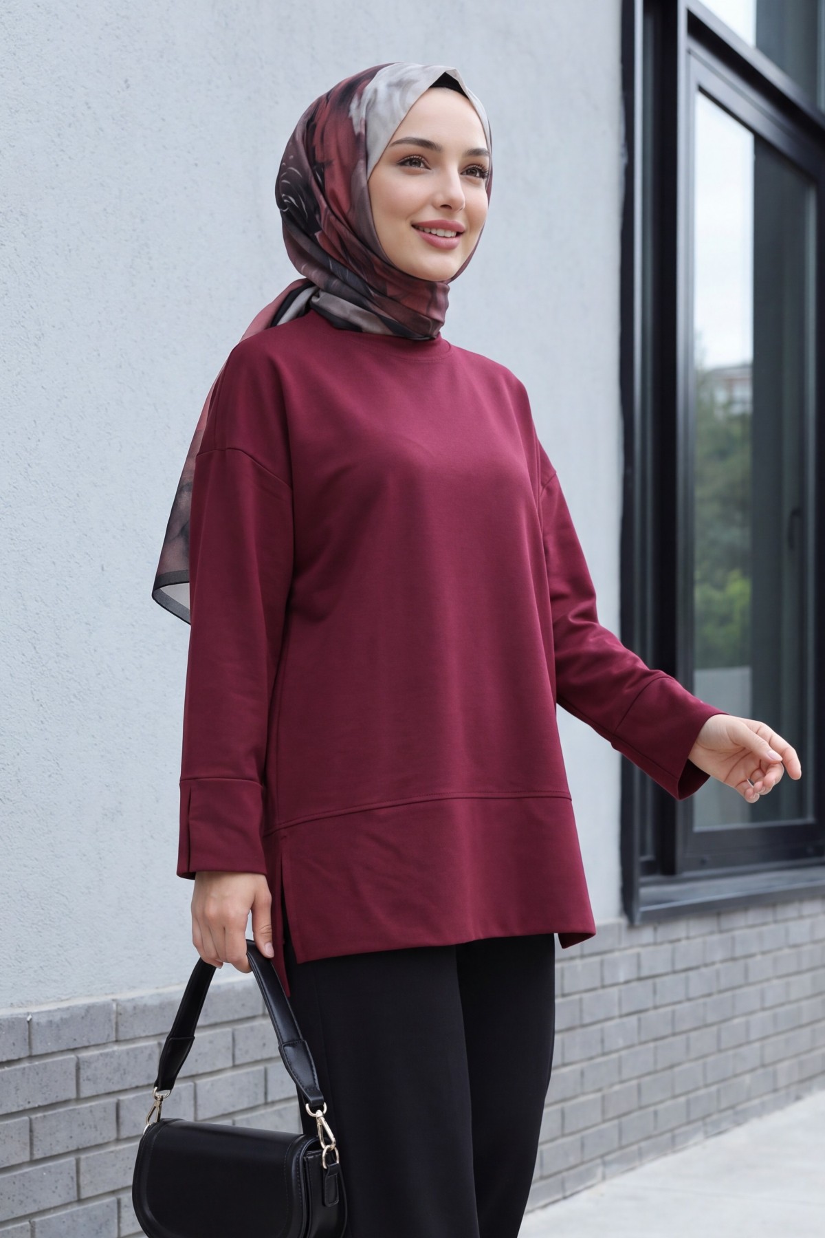 Crew Neck Slit Oversize Cotton Tunic -Damson