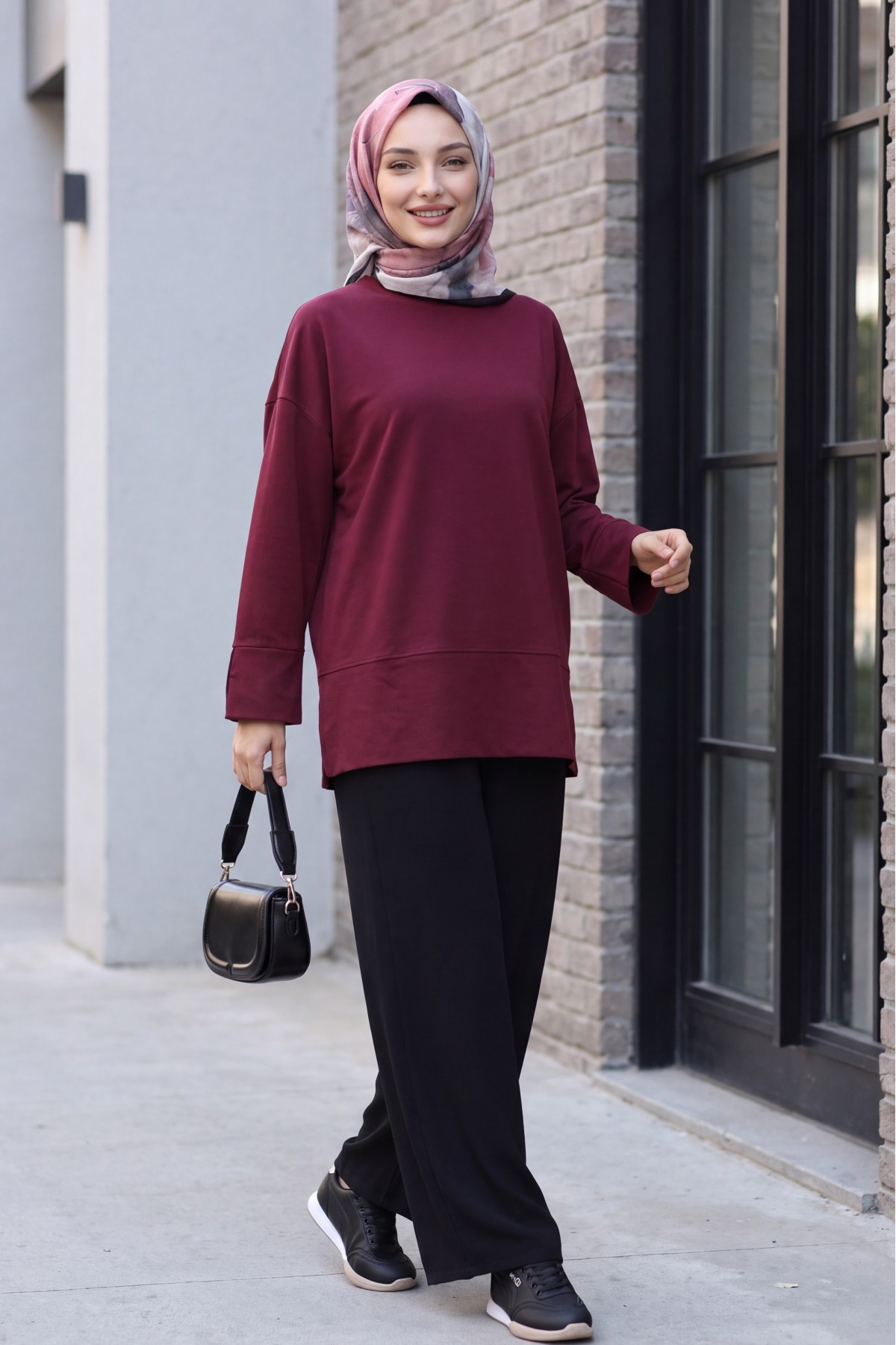 Crew Neck Slit Oversize Cotton Tunic -Damson