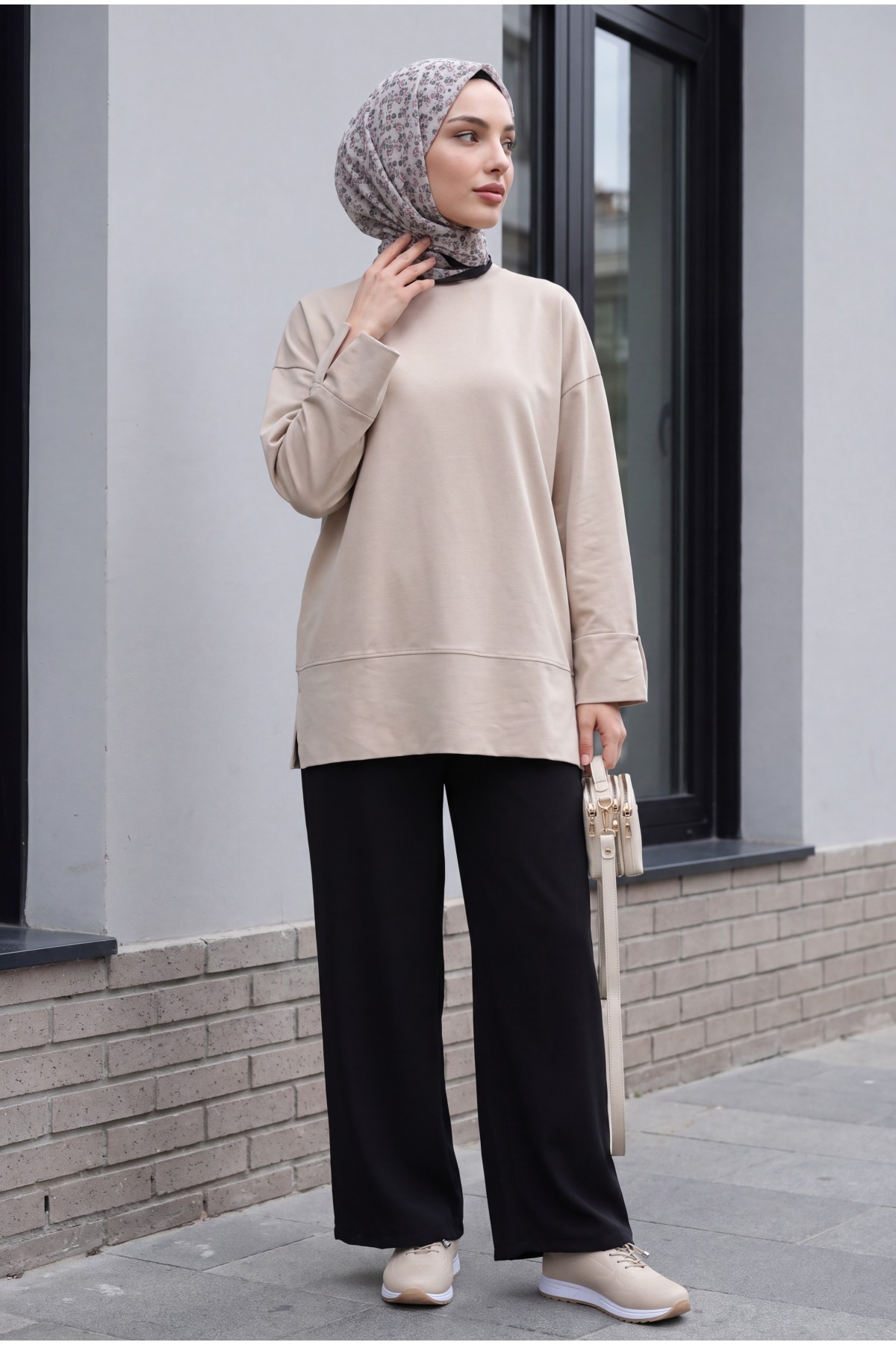 Bisiklet Yaka Yırtmaçlı Oversize Penye Tunik  -Vizon