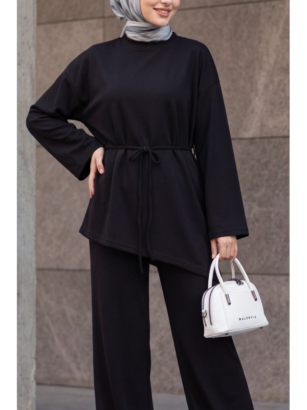 Asimetrik Kesim Beli Kemerli Pantolonlu Oversize Penye Takım -Siyah