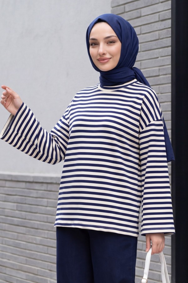 Oversized Crew-Neck Sweatshirt with Thick Stripes and Stretch Fabric -Navy blue