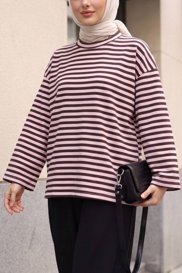 Oversized Crew-Neck Sweatshirt with Thick Stripes and Stretch Fabric -Powder