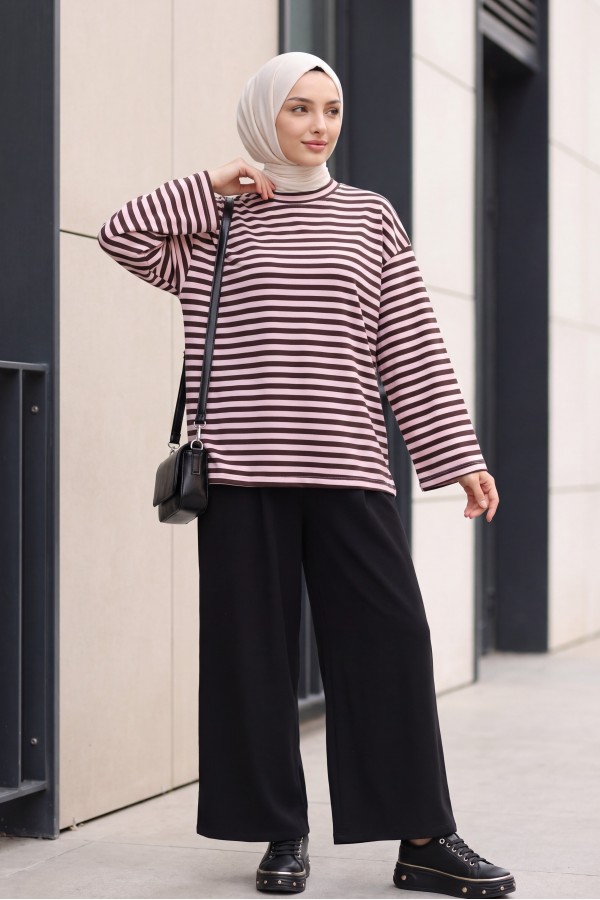Oversized Crew-Neck Sweatshirt with Thick Stripes and Stretch Fabric -Powder
