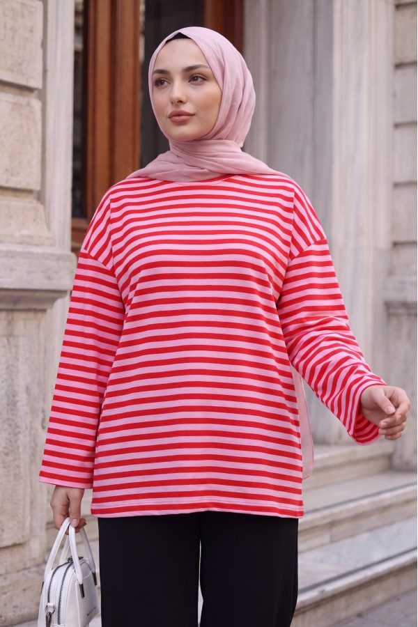 Oversized Crew-Neck Sweatshirt with Thick Stripes and Stretch Fabric -Pink