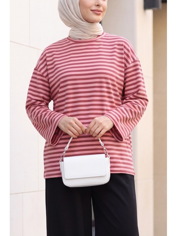 Oversized Crew-Neck Sweatshirt with Thick Stripes and Stretch Fabric -Dried rose
