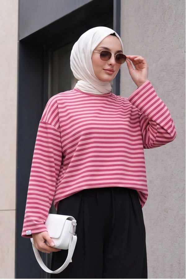 Oversized Crew-Neck Sweatshirt with Thick Stripes and Stretch Fabric -Dried rose
