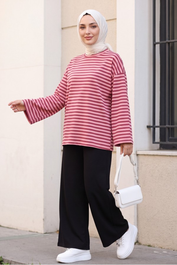 Oversized Crew-Neck Sweatshirt with Thick Stripes and Stretch Fabric -Dried rose