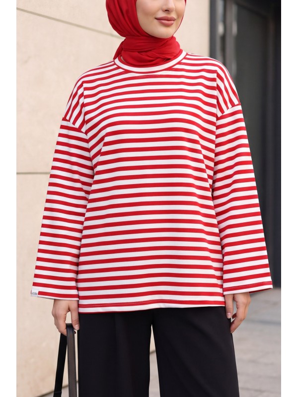 Oversized Crew-Neck Sweatshirt with Thick Stripes and Stretch Fabric -Red