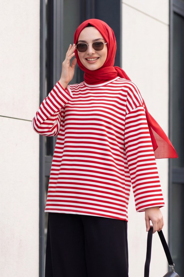 Oversized Crew-Neck Sweatshirt with Thick Stripes and Stretch Fabric -Red