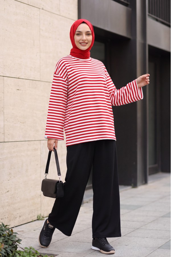 Oversized Crew-Neck Sweatshirt with Thick Stripes and Stretch Fabric -Red