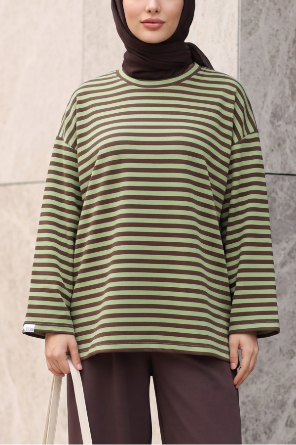 Oversized Crew-Neck Sweatshirt with Thick Stripes and Stretch Fabric -Green